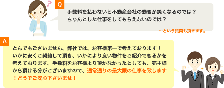 手数料を払わないと不動産会社の動きが鈍くなるのでは？ちゃんとした仕事をしてもらえないのでは？…という質問も頂きます。とんでもございません。弊社では、お客様第一で考えております！いかに安くご契約して頂き、いかにより良い物件をご紹介できるかを考えております。手数料をお客様より頂かなかったとしても、売主様から頂ける分がございますので、通常通りの最大限の仕事を致します！どうぞご安心下さいませ！